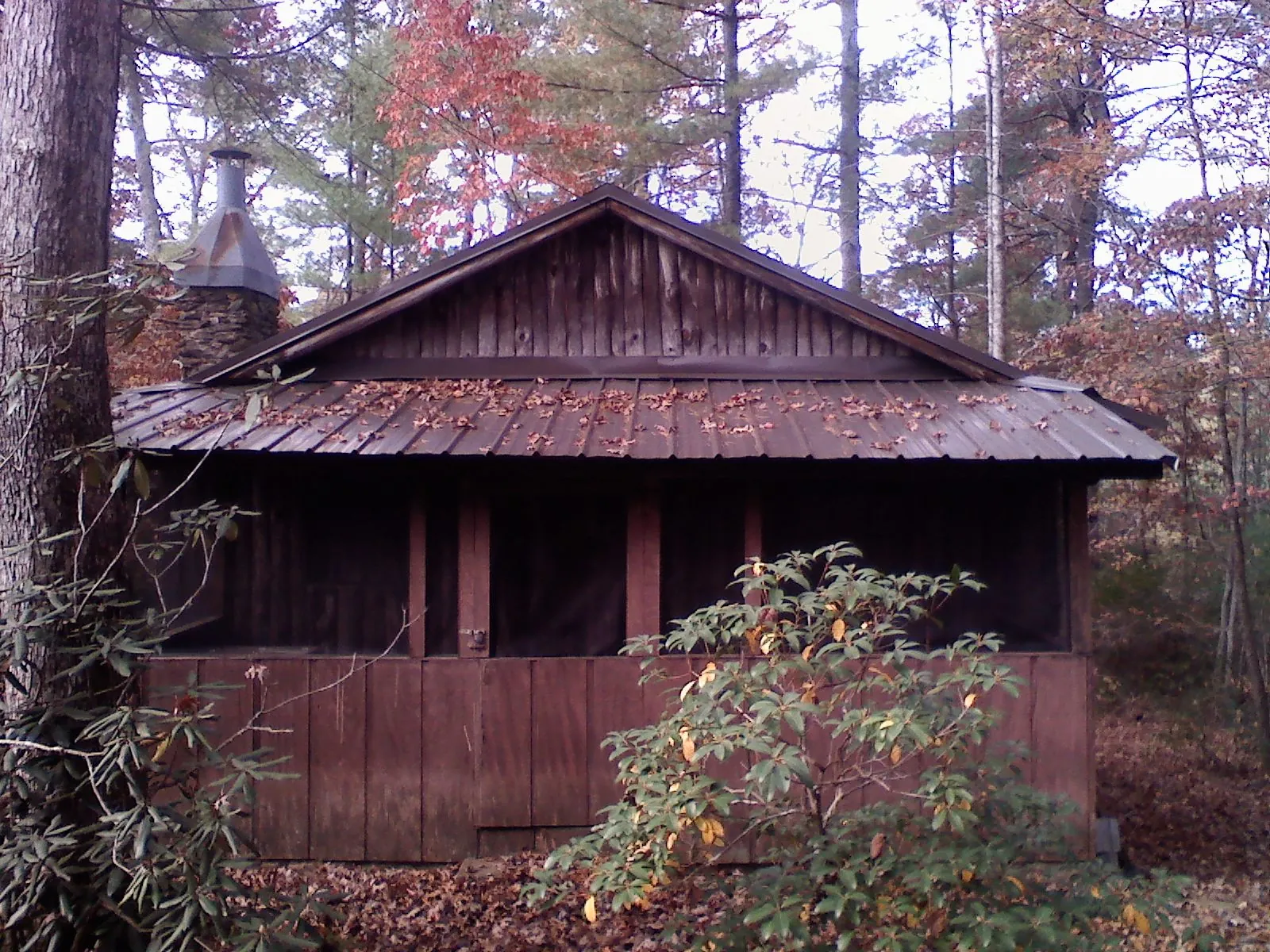 Metal roof over the screened porch of a rustic cabin in Kellerton