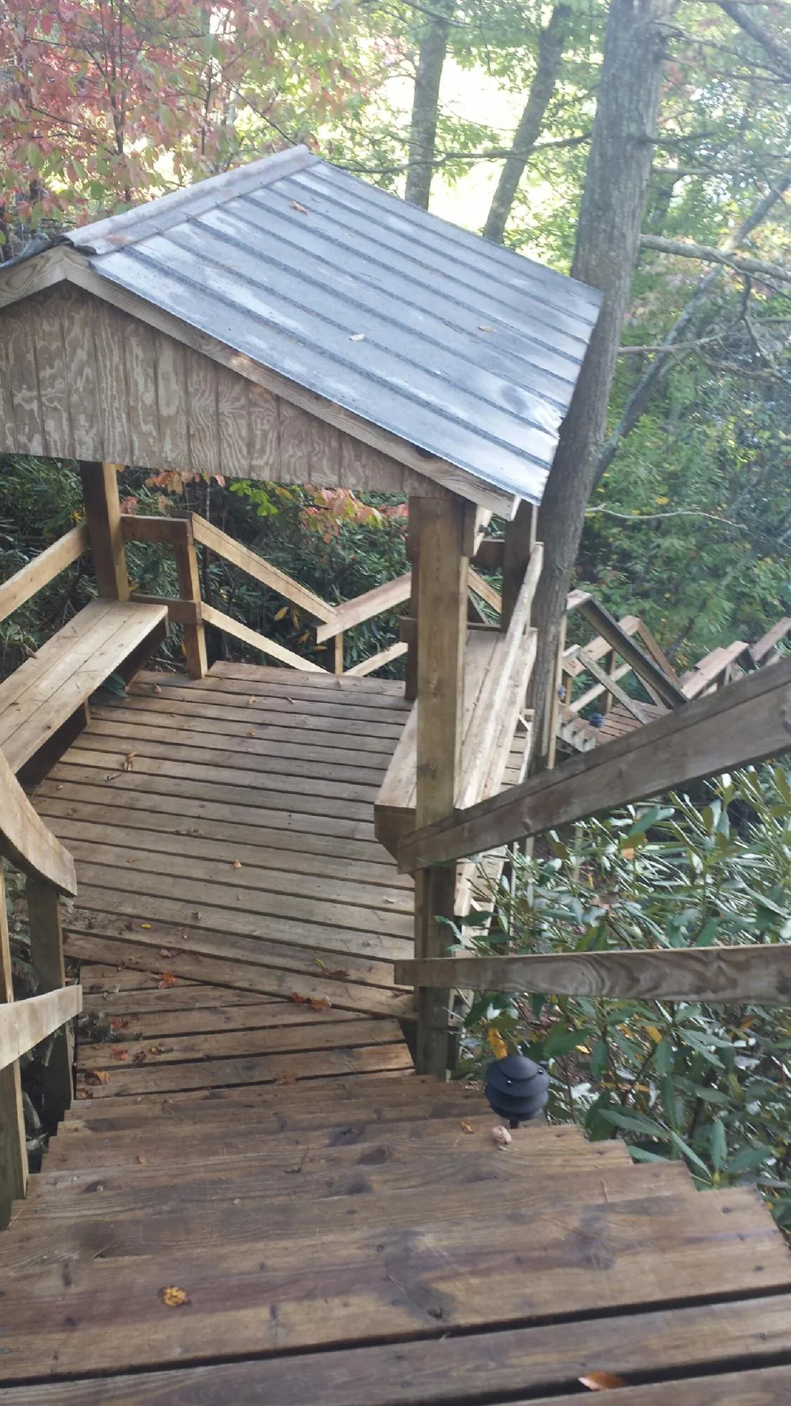 Metal roofed shelter over wooden steps on a wooded walkway — Skylight Repair & Installation work by our crew in Kellerton
